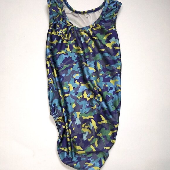 Plum Practicewear Gymnastics Leotard Purple blue yellow camo Child Large CL - Picture 2 of 4